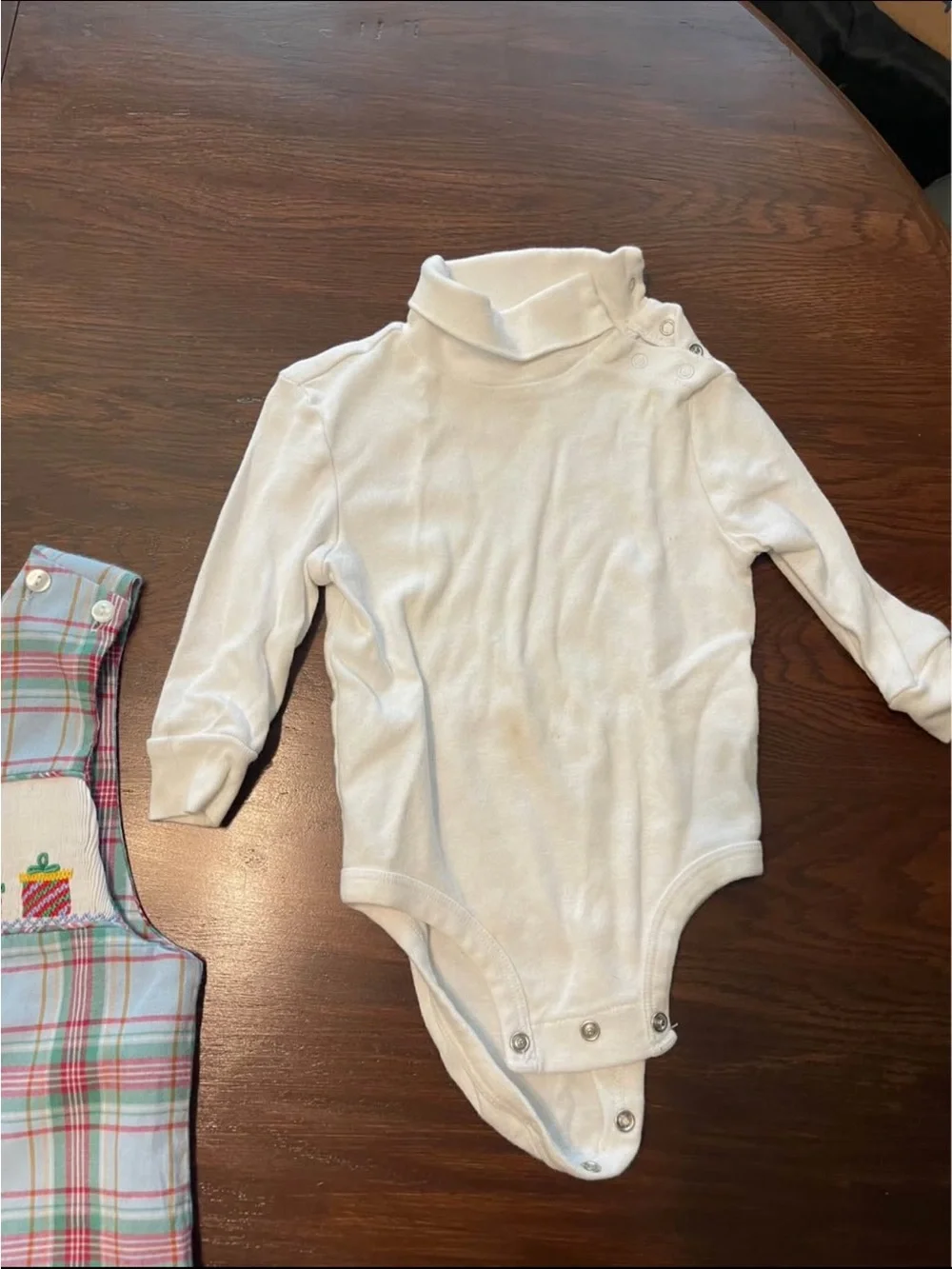 Holiday Plaid Smocked Santa One-Piece Bodysuit - Cream & Light Blue